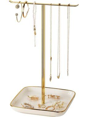 Necklace Holder Stand with Ceramic Base: 12" Jewelry Tree Display Organizer for